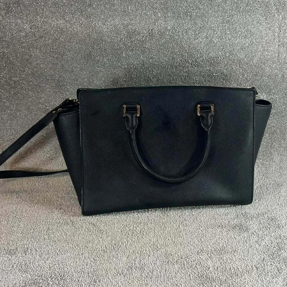 Michael Kors Selma Satchel Black Saffiano Leather Gold Hardware